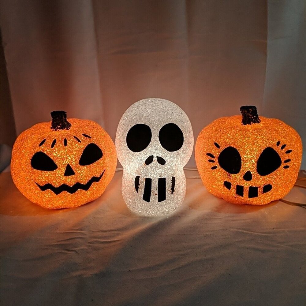 Seasons Melted Plastic Halloween 3 Lot Pumpkin Skull Jack-o-Lantern 19348 19310A